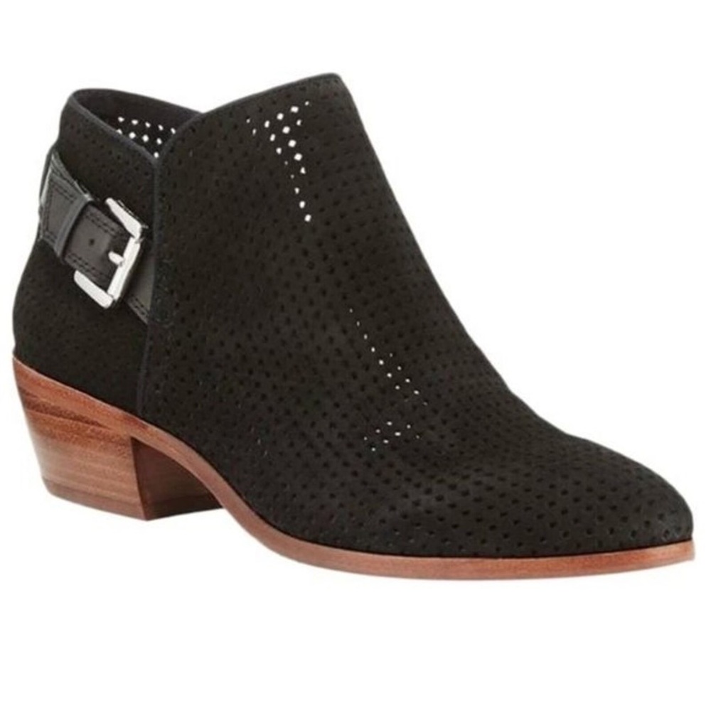 Sam Edelman Paula Ankle Perforated Suede Black Stacked Heel Booties